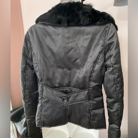 BEBE DOUBLE BREASTED PUFFER COAT REMOVABLE FAUX FUR COLLAR US S pinstripe - Picture 5 of 12